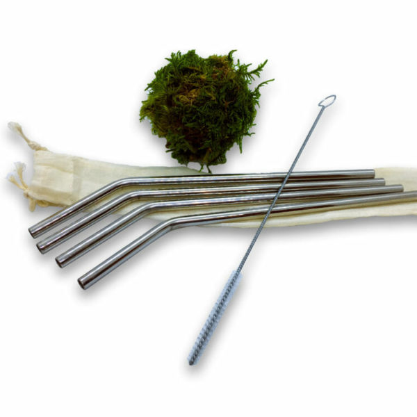 Pailles en acier inoxydable, goupillon et pochette en coton